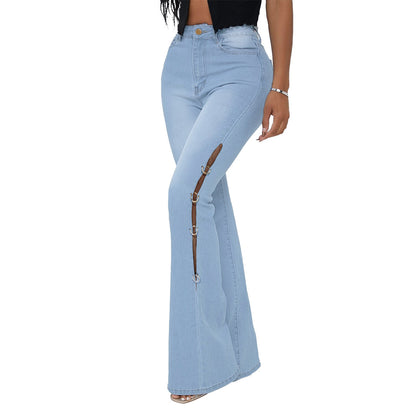 Denim Flared Pants With Metal Decoration