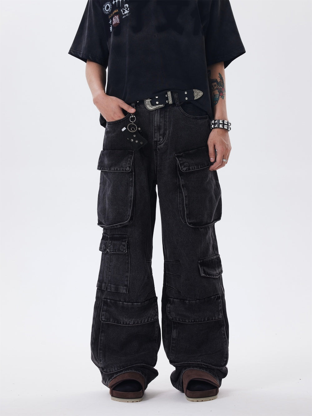 Distressed Multi-pocket Jeans Loose Wide-leg Overalls