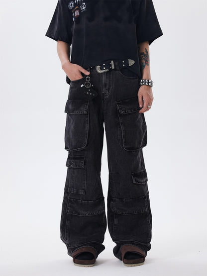 Distressed Multi-pocket Jeans Loose Wide-leg Overalls
