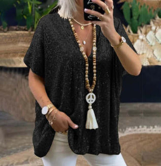 Solid Color Loose Pullover Sequin T-shirt