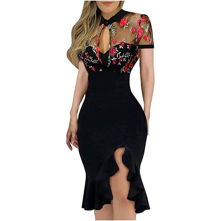 Embroidered Sequin Net Falbala Short Sleeve Dress