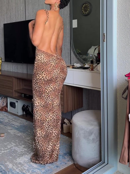 Backless Leopard Print Maxi Dress