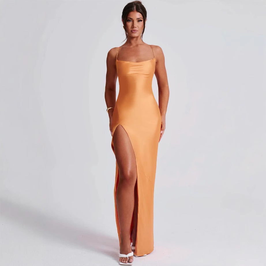 Premium Satin Sleeveless Sexy Backless Lace Up Dress