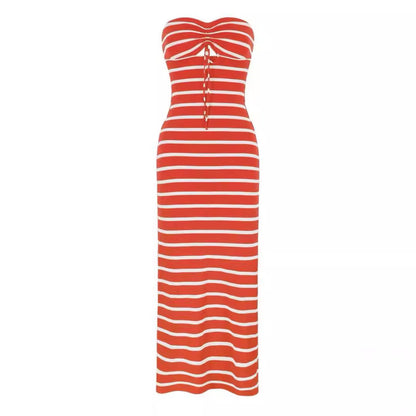 Striped Chest Wrap Hollow Sheath Pencil Dress