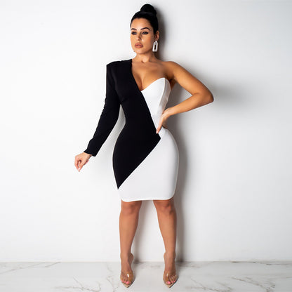 Stitching Contrast Color Asymmetric Long Sleeve Slim Fit Sexy Dress