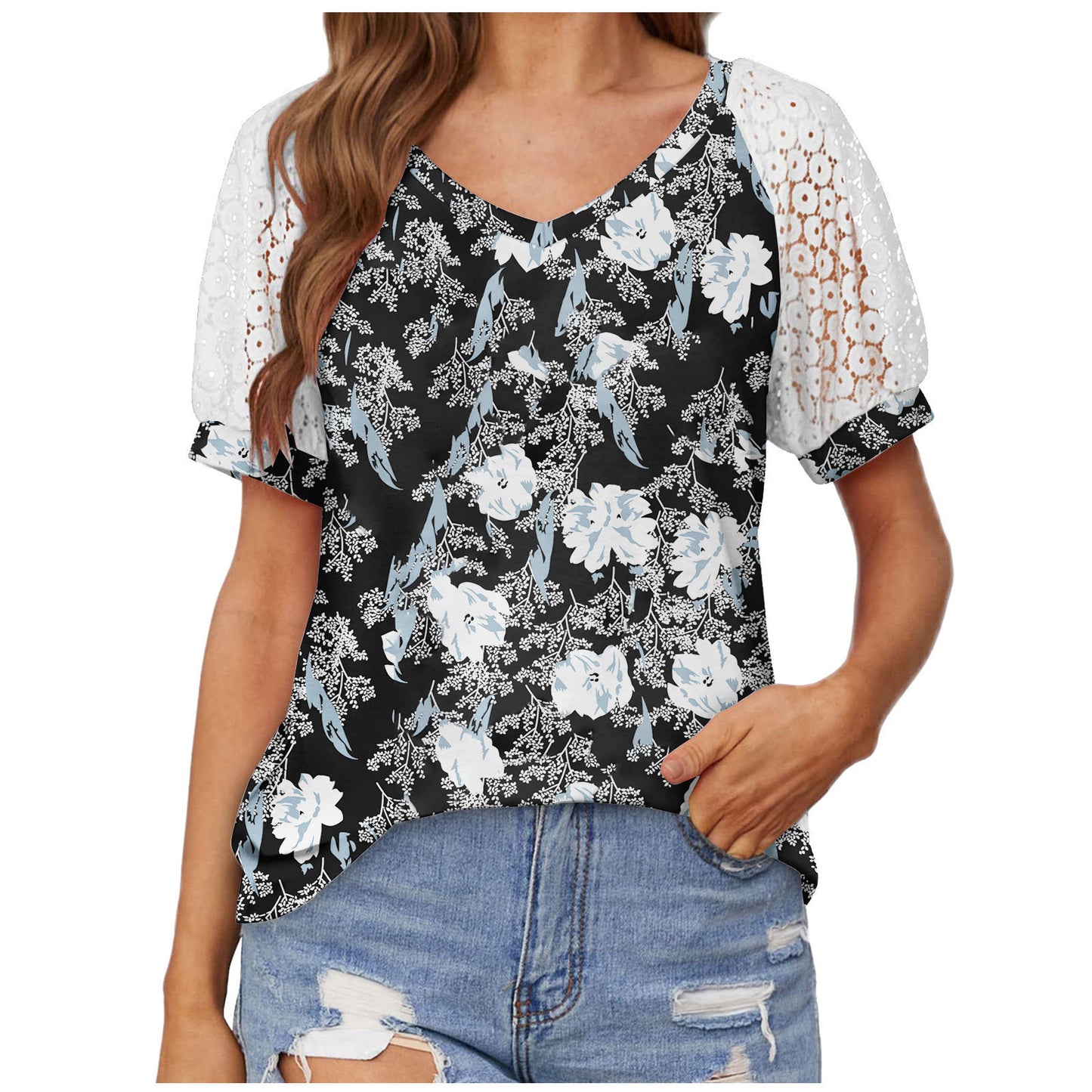 V-neck Lace Stitching Casual T-shirt For Women