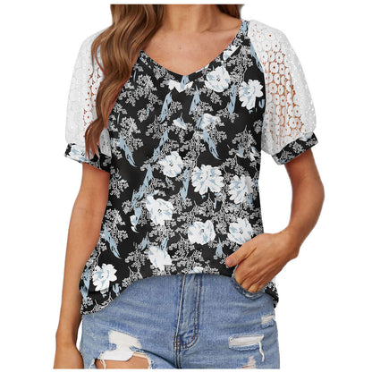 V-neck Lace Stitching Casual T-shirt For Women