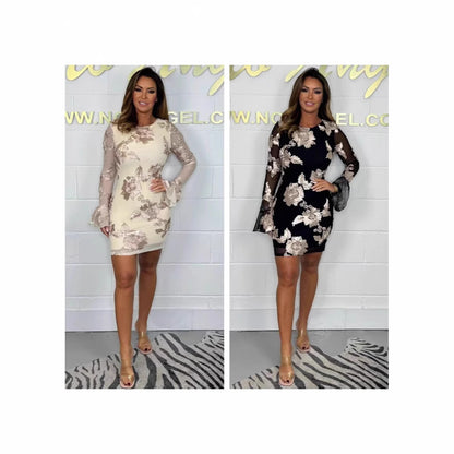 New Women's Clothes Flared Sleeves Flower Sheath Dress