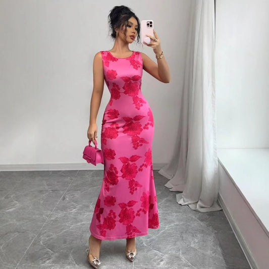 European And American Printed Sleeveless Straight Temperament Dress