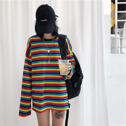 Cute girl rainbow stripes loose wild long-sleeved T-shirt