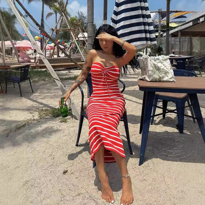 Striped Chest Wrap Hollow Sheath Pencil Dress