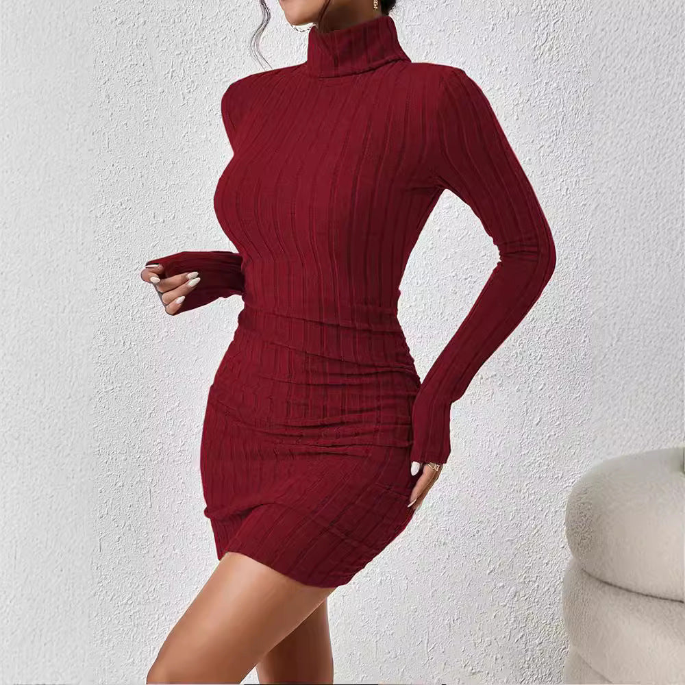 European And American Turtleneck Slim Fit Sunken Stripe Solid Color Sheath Short Skirt Jumpsuit Knitted