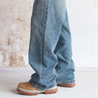 Heavy Water Washed Old Straight Leg Jeans For Men, Khaki