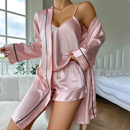 Ice Silk Sling Shorts Nightgown Three-piece Set