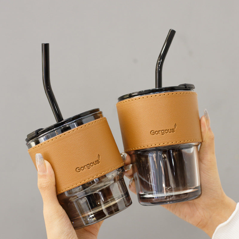 Creative Portable Bamboo Cup With Lid Straw Glass