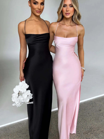 Premium Satin Sleeveless Sexy Backless Lace Up Dress