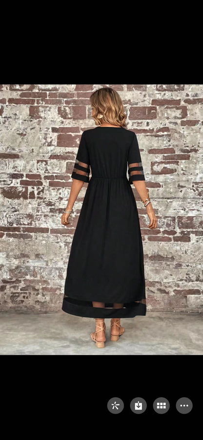 New Hot Sale Five-quarter Sleeve Mesh Patchwork Round Neck Pocket Dress
