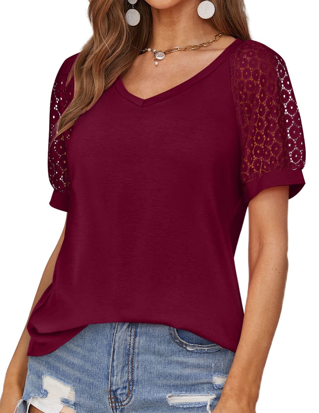 V-neck Lace Stitching Casual T-shirt For Women
