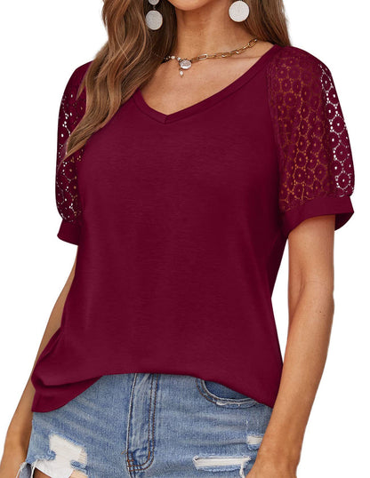 V-neck Lace Stitching Casual T-shirt For Women