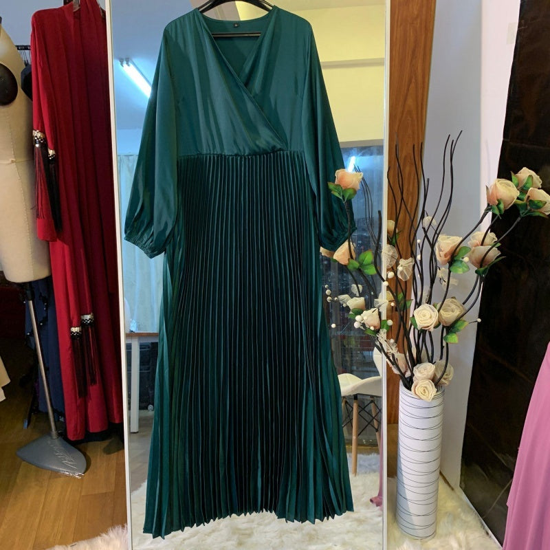 New Fashion V-Neck Stitching Pleated Big Swing Slim Dress
