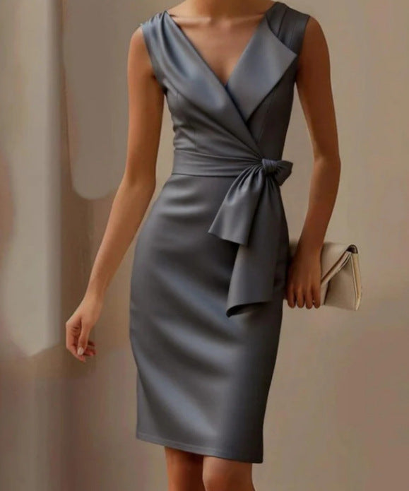 Fashion Graceful Bow Dress Skirt High Waist Slim Solid Color Dress