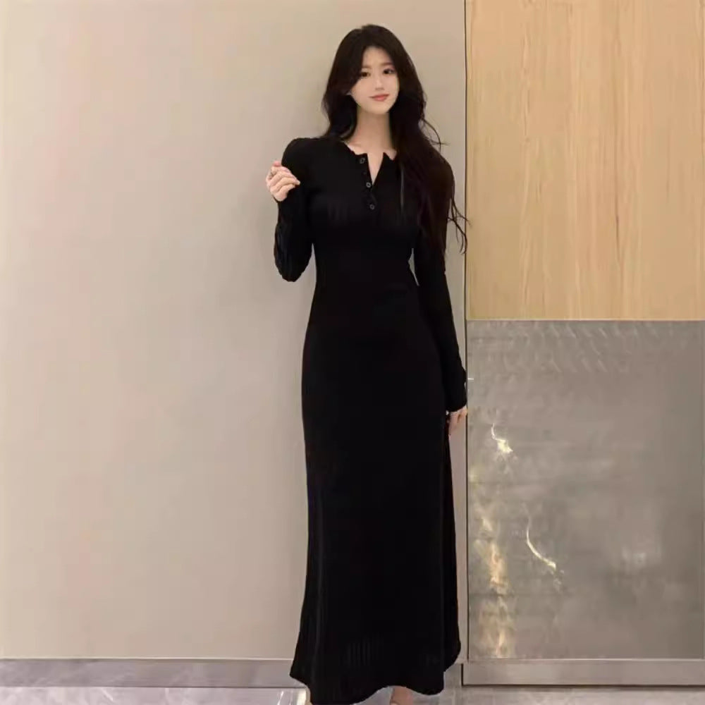 Vintage Long Sleeve Knit Dress Women's  Design Waist-Cinching Elegant V-Neck Long Dress