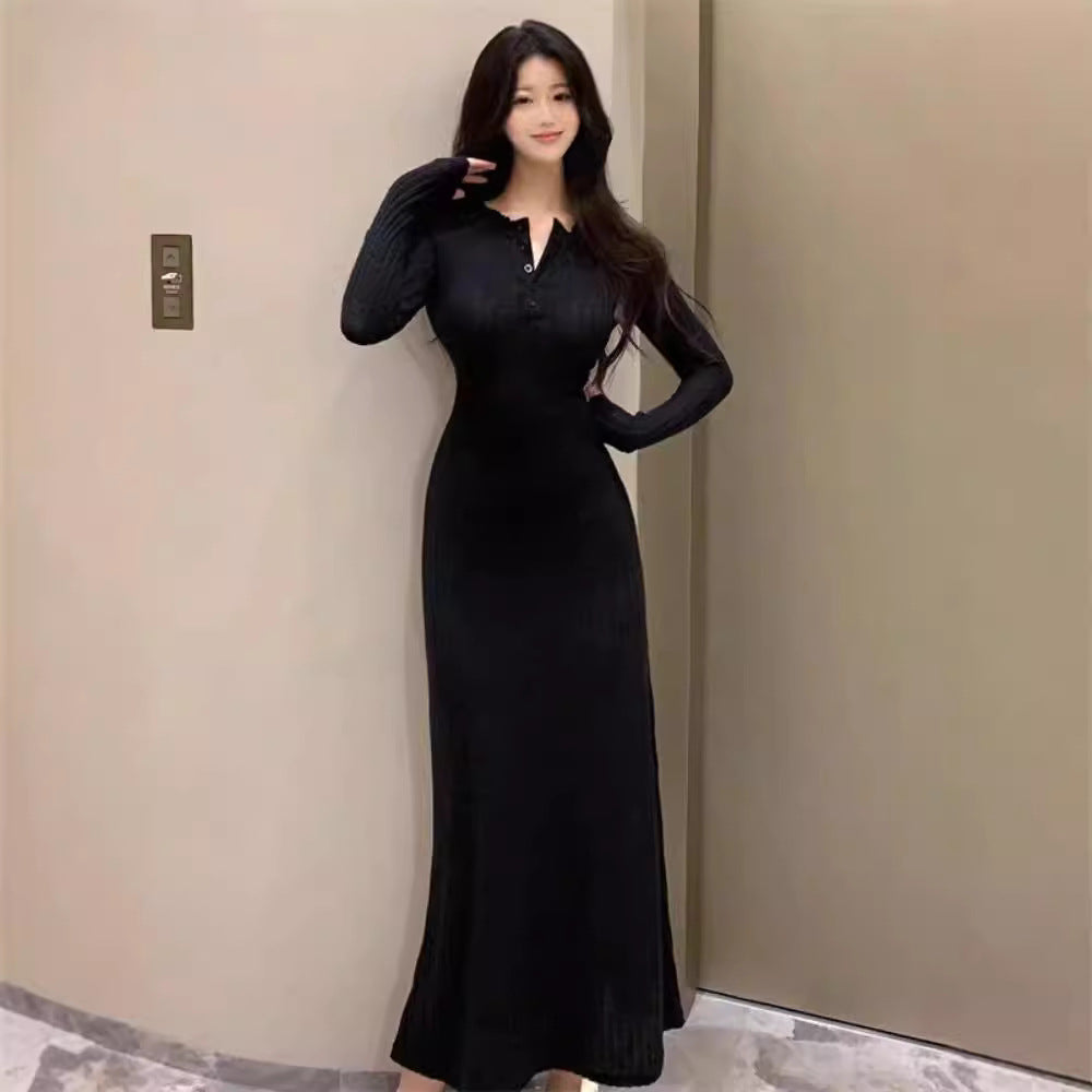 Vintage Long Sleeve Knit Dress Women's  Design Waist-Cinching Elegant V-Neck Long Dress
