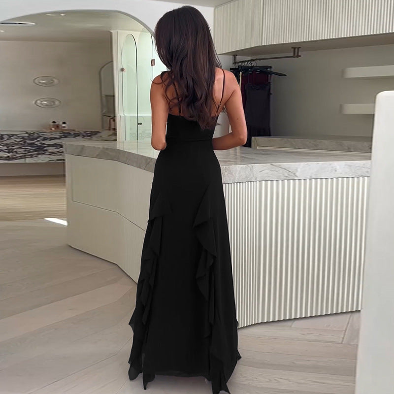 Strap Temperament V-neck Holiday Split Ruffled Dress