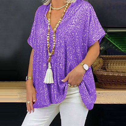 Solid Color Loose Pullover Sequin T-shirt