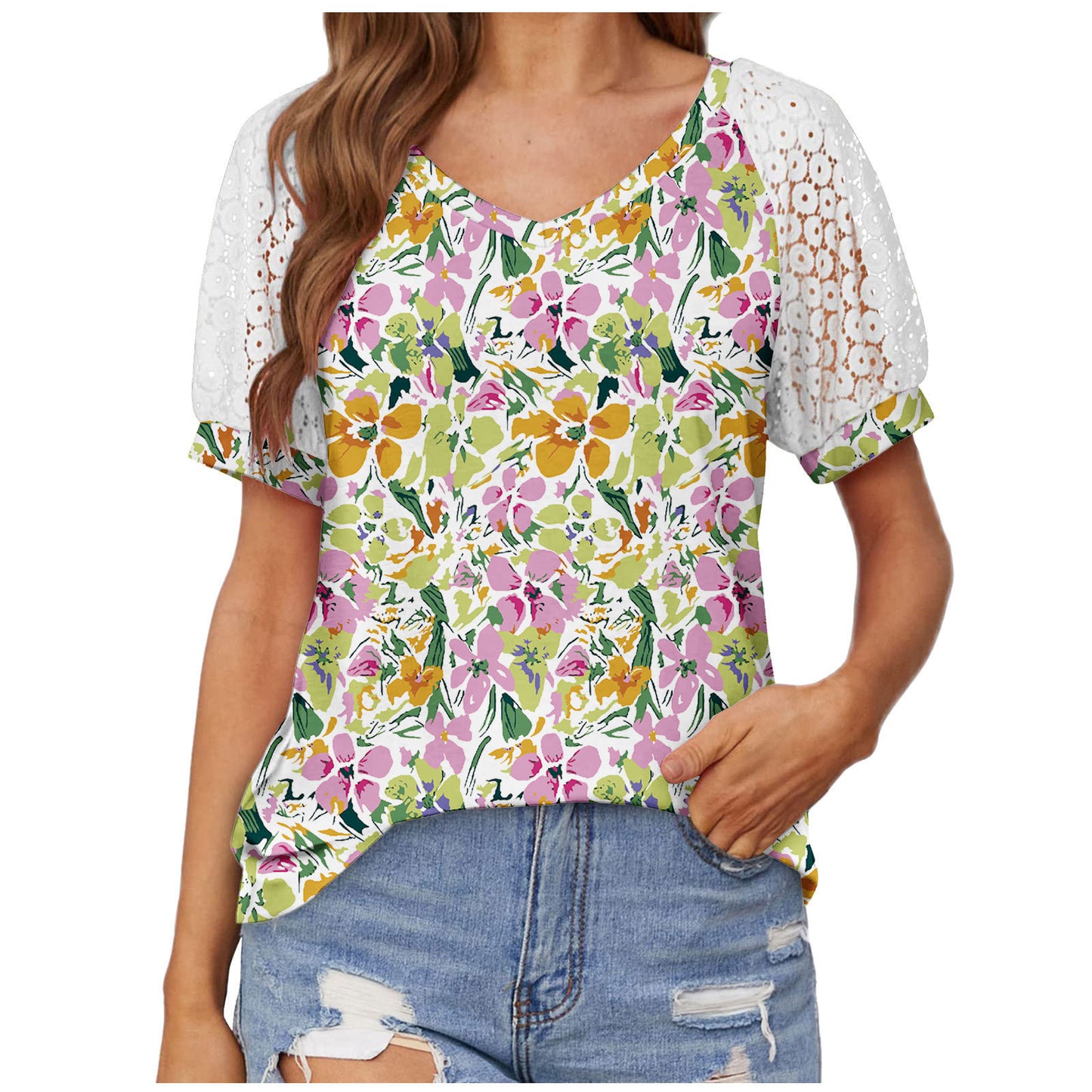 V-neck Lace Stitching Casual T-shirt For Women