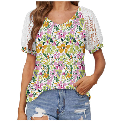 V-neck Lace Stitching Casual T-shirt For Women