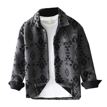 Men's Autumn New Retro Jacquard Woolen Long Sleeves Casual Shirt