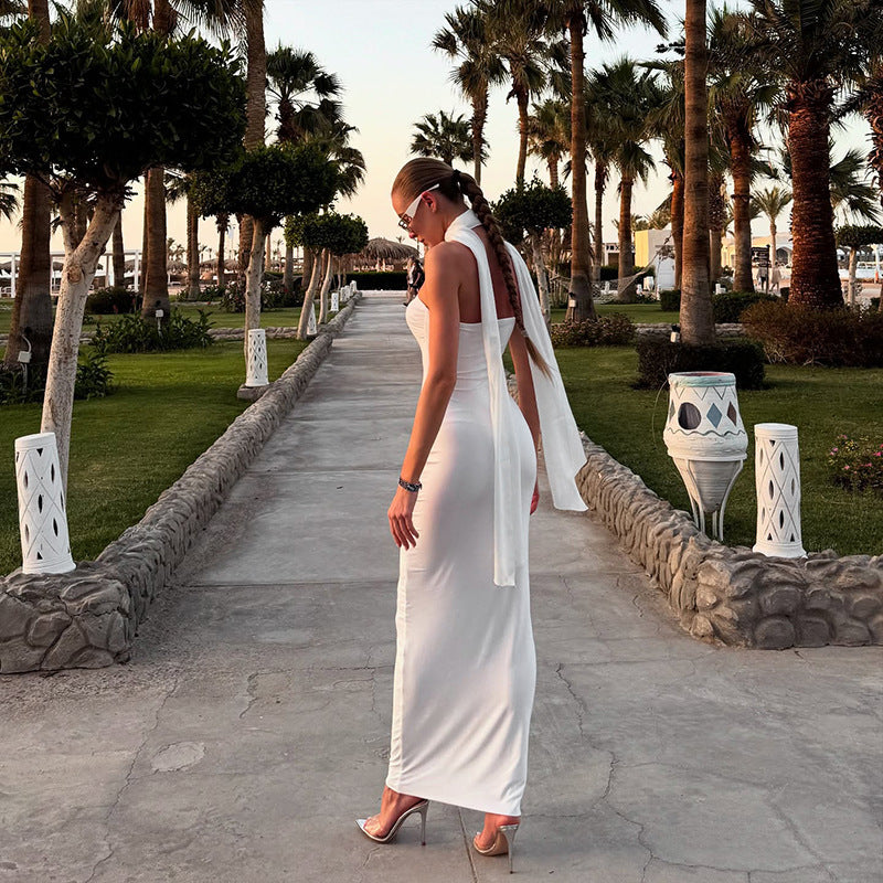 Solid Color Ribbon Tube Top Package Hip Sexy Dress