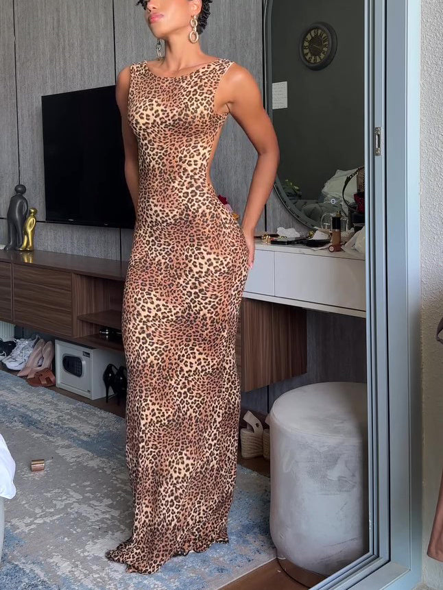 Backless Leopard Print Maxi Dress