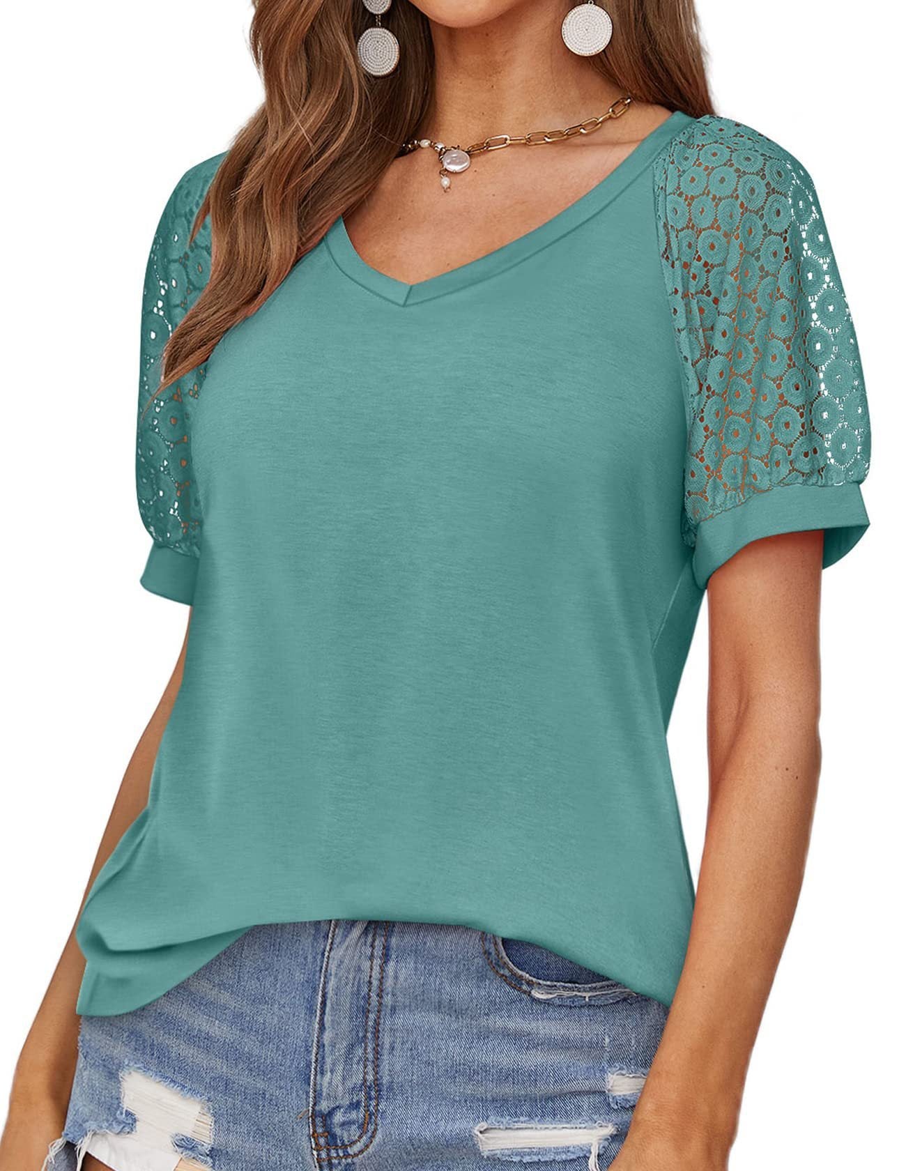 V-neck Lace Stitching Casual T-shirt For Women