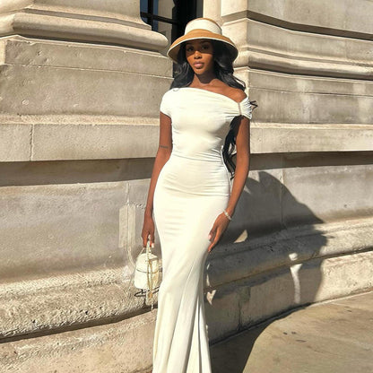 Off-shoulder Pleated Slim Fit Sexy Backless Dress Women