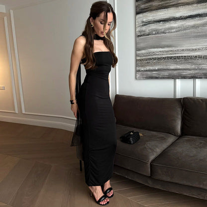 Solid Color Ribbon Tube Top Package Hip Sexy Dress