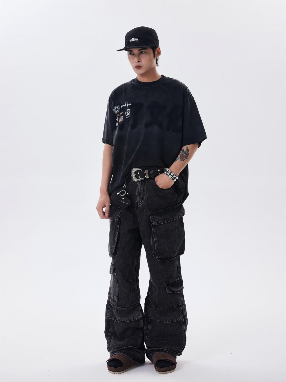 Distressed Multi-pocket Jeans Loose Wide-leg Overalls