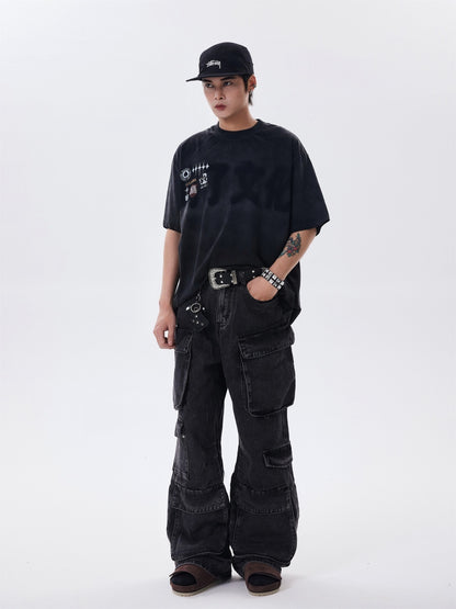 Distressed Multi-pocket Jeans Loose Wide-leg Overalls