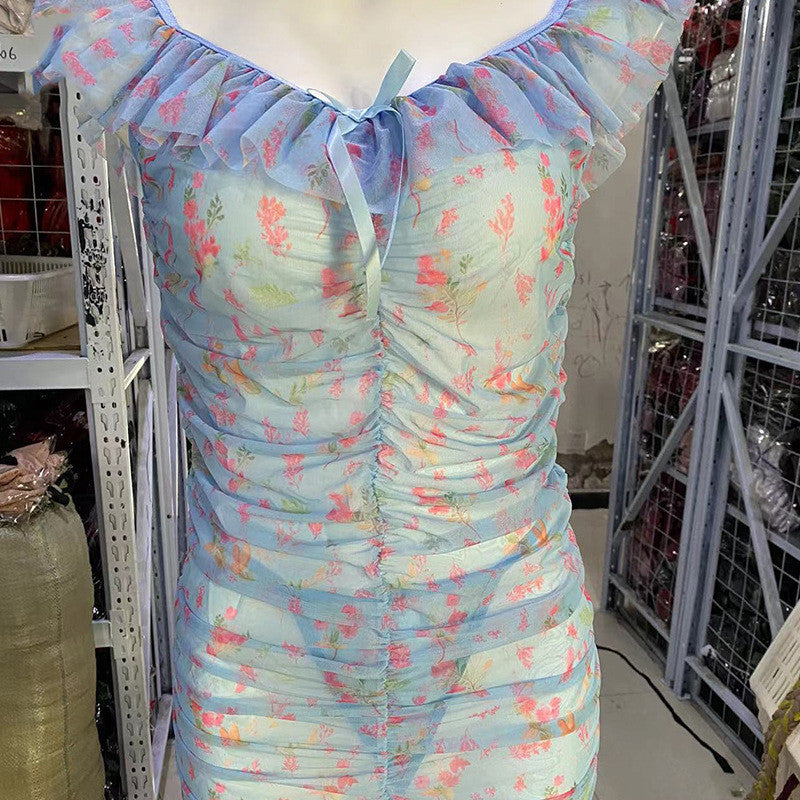 See-through Sexy Flowers Underwear Mesh Printed Pleated Seduction Pajamas Nightdress Cover