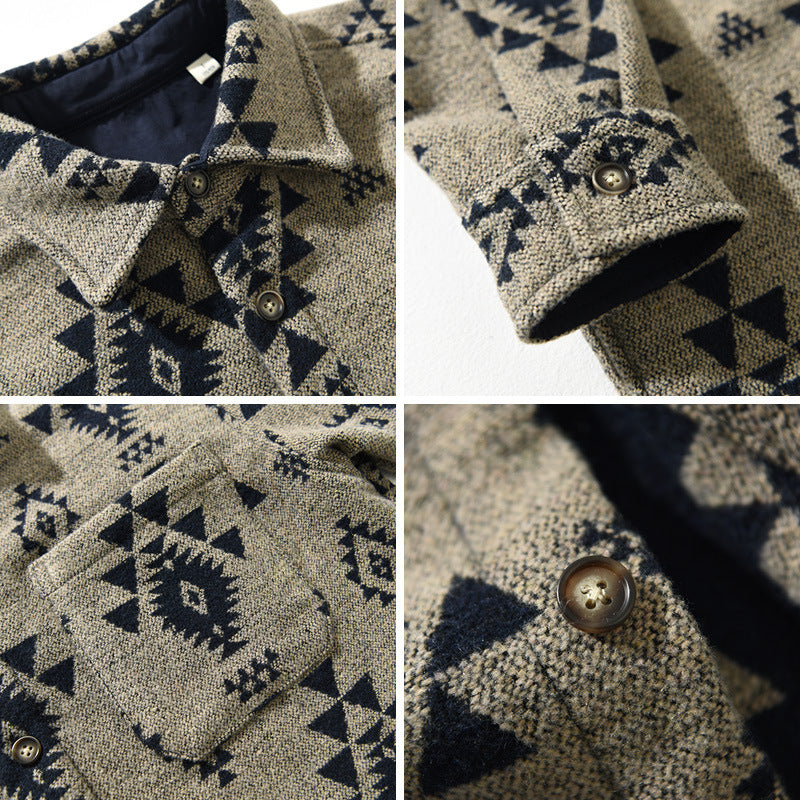 Men's Autumn New Retro Jacquard Woolen Long Sleeves Casual Shirt