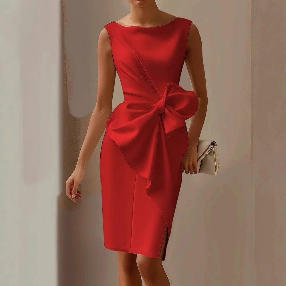 Fashion Graceful Bow Dress Skirt High Waist Slim Solid Color Dress