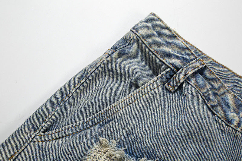 Fashion Washed Frayed Patch Denim Shorts