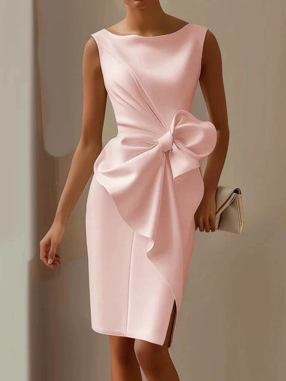 Fashion Graceful Bow Dress Skirt High Waist Slim Solid Color Dress