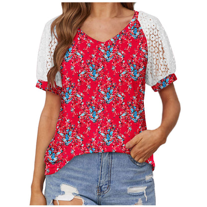 V-neck Lace Stitching Casual T-shirt For Women