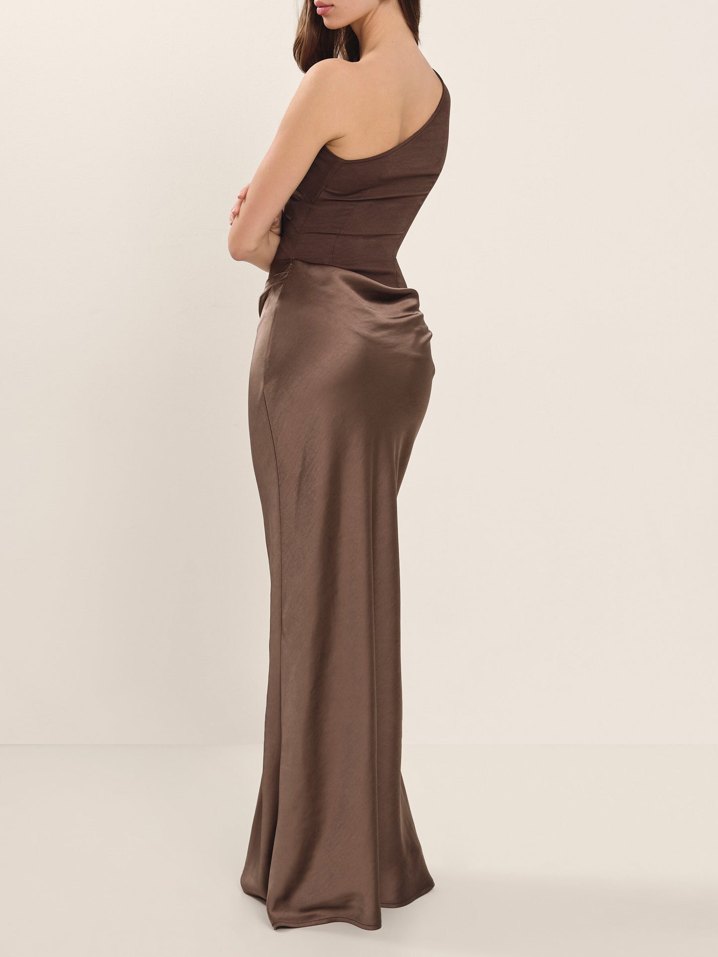 Brown One Shoulder Paneled Satin Dress