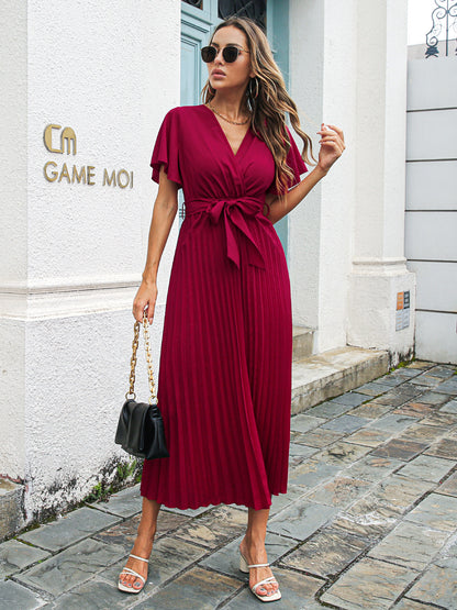 Spring Summer Casual Lotus Leaf Sleeves Lace-up Pleated Chiffon Maxi Dress