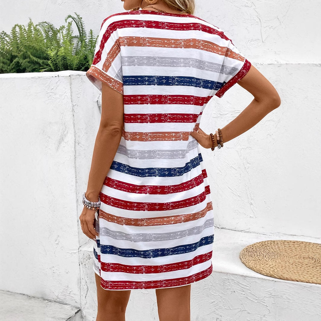 Color Striped Button V-neck Dress