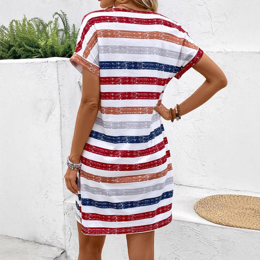 Color Striped Button V-neck Dress