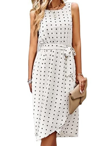 Sleeveless Round Neck Tied Polka Dot Dress